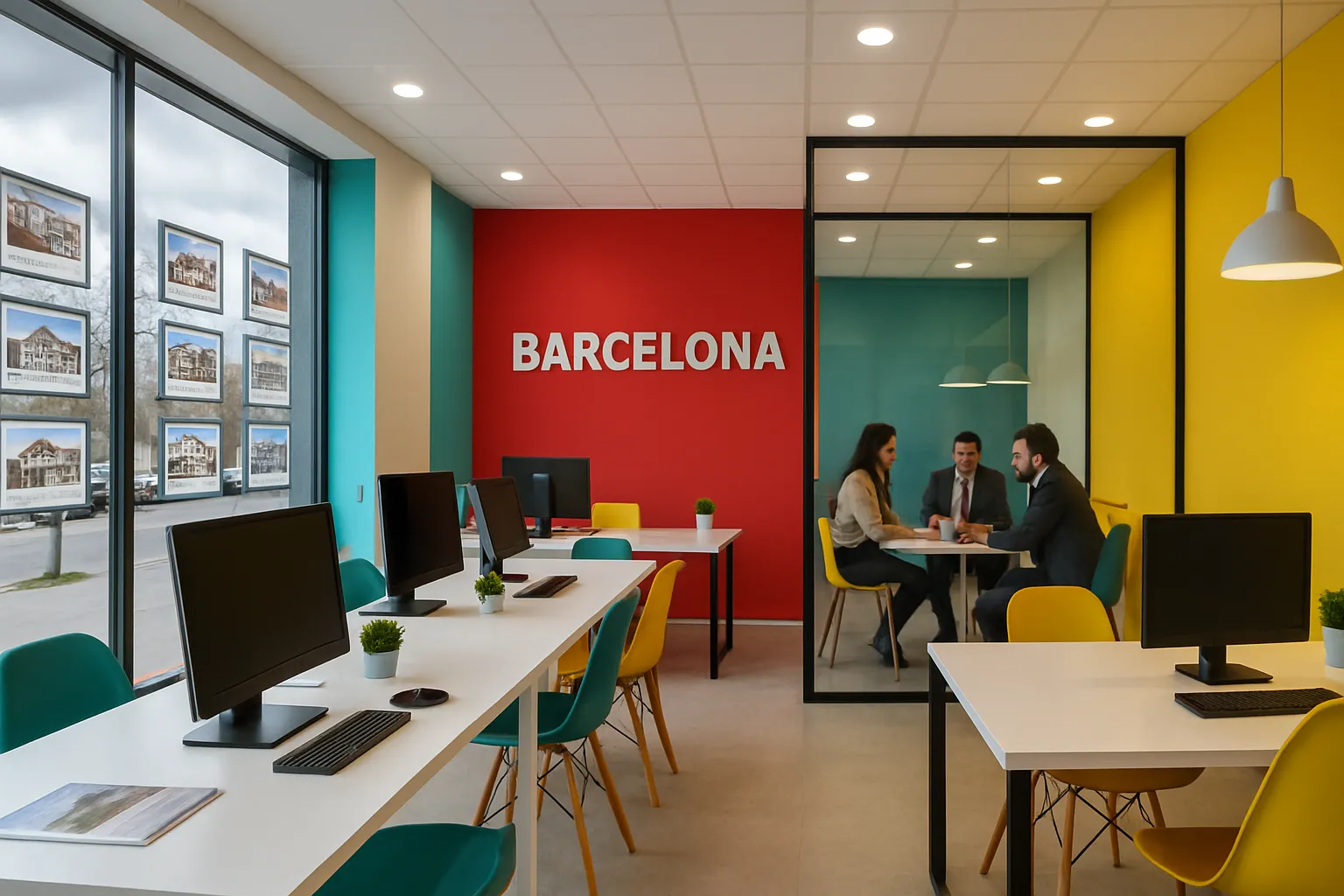 Offene Bürofläche mit Computern, bunter Wand mit „Barcelona“, drei Menschen im Meetingraum unterhalten sich. Modern, hell und freundlich.