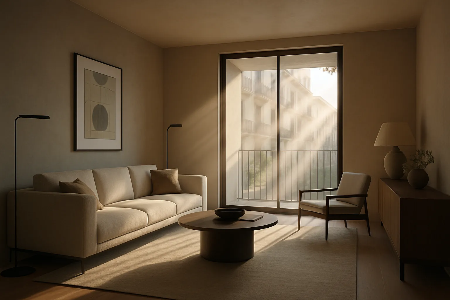 Ein helles Wohnzimmer mit Sofa, Sessel, Couchtisch, Lampen, Vasen, Bild an der Wand und Balkon mit Sonnenlicht und Blick auf Nachbarhaus.