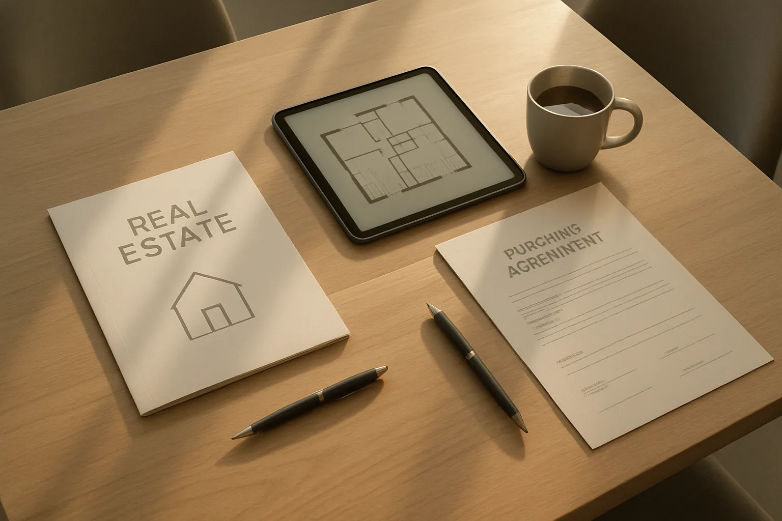 Ein Tisch mit Bauplänen, Stift, Kaffeetasse, Papier über Immobilien und Kaufvertrag. Es sieht nach einem Arbeitstisch aus.