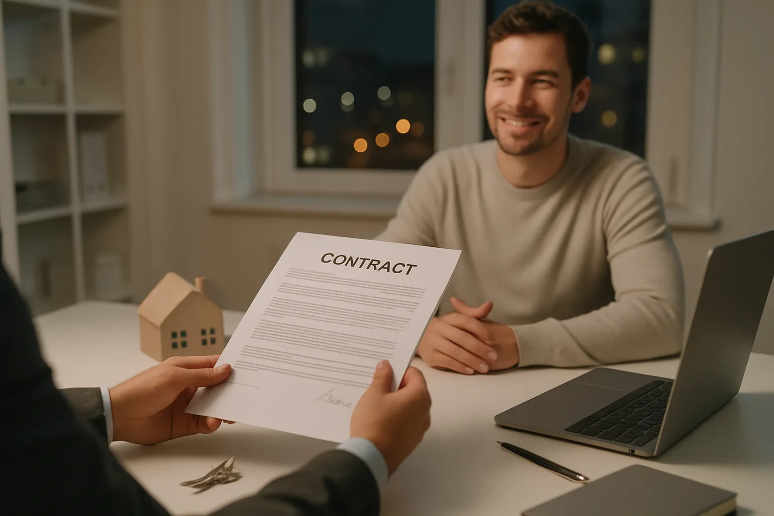 Ein Mann unterschreibt einen Vertrag bei einem Makler, während der Kunde lächelnd zuschaut, im Büro bei Nacht.