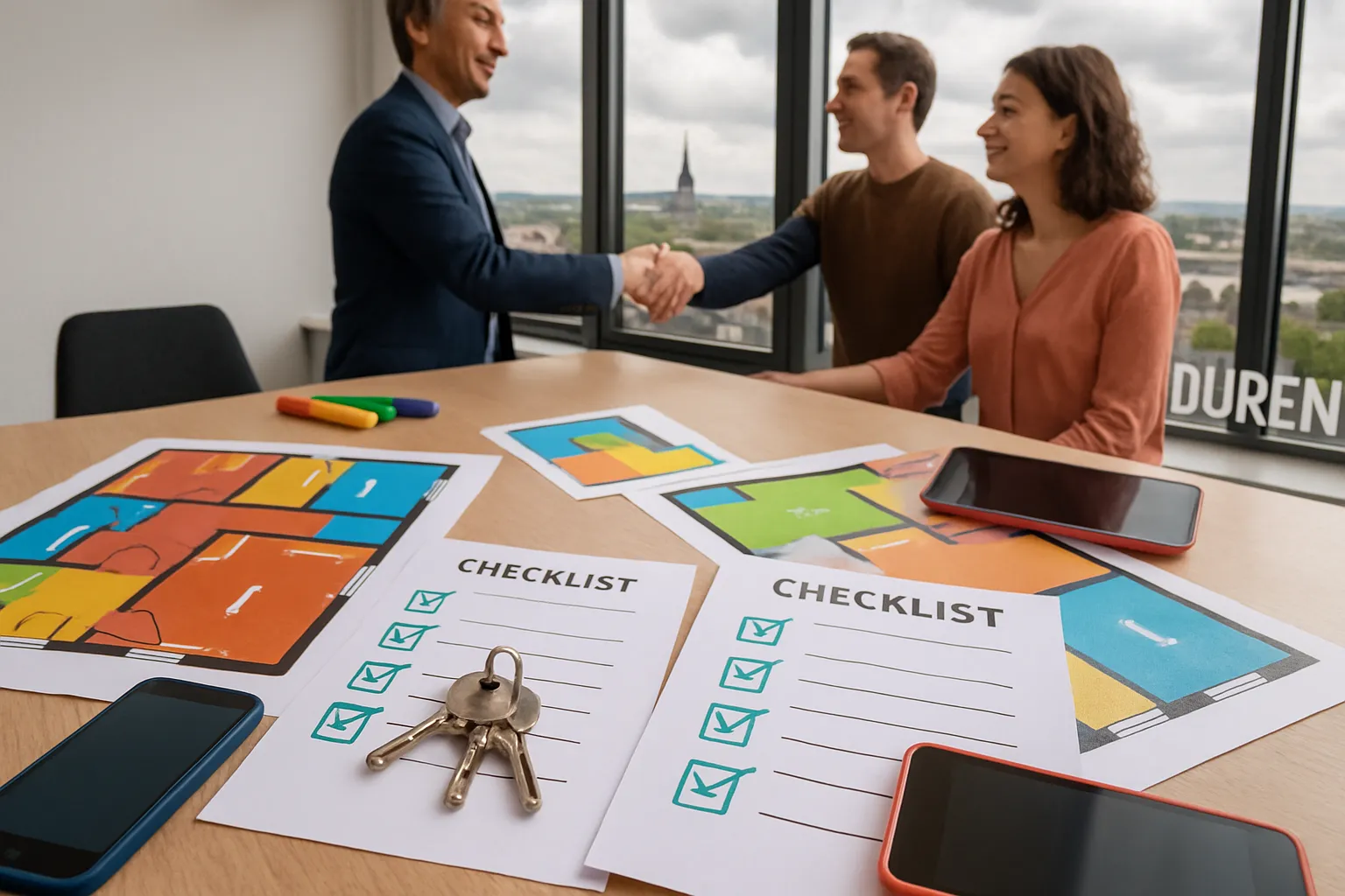 Drei Menschen im Büro sitzen am Tisch, schütteln sich die Hand, während Pläne, Checklisten, Handys und Schlüssel auf dem Tisch liegen.