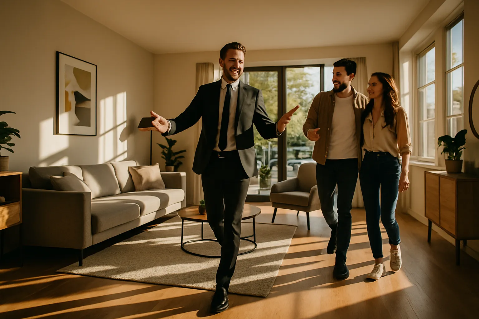 Drei fröhliche Menschen im Wohnzimmer, lachen und unterhalten sich. Einer trägt einen Anzug, die anderen casual Kleidung. Es wirkt freundlich und einladend.