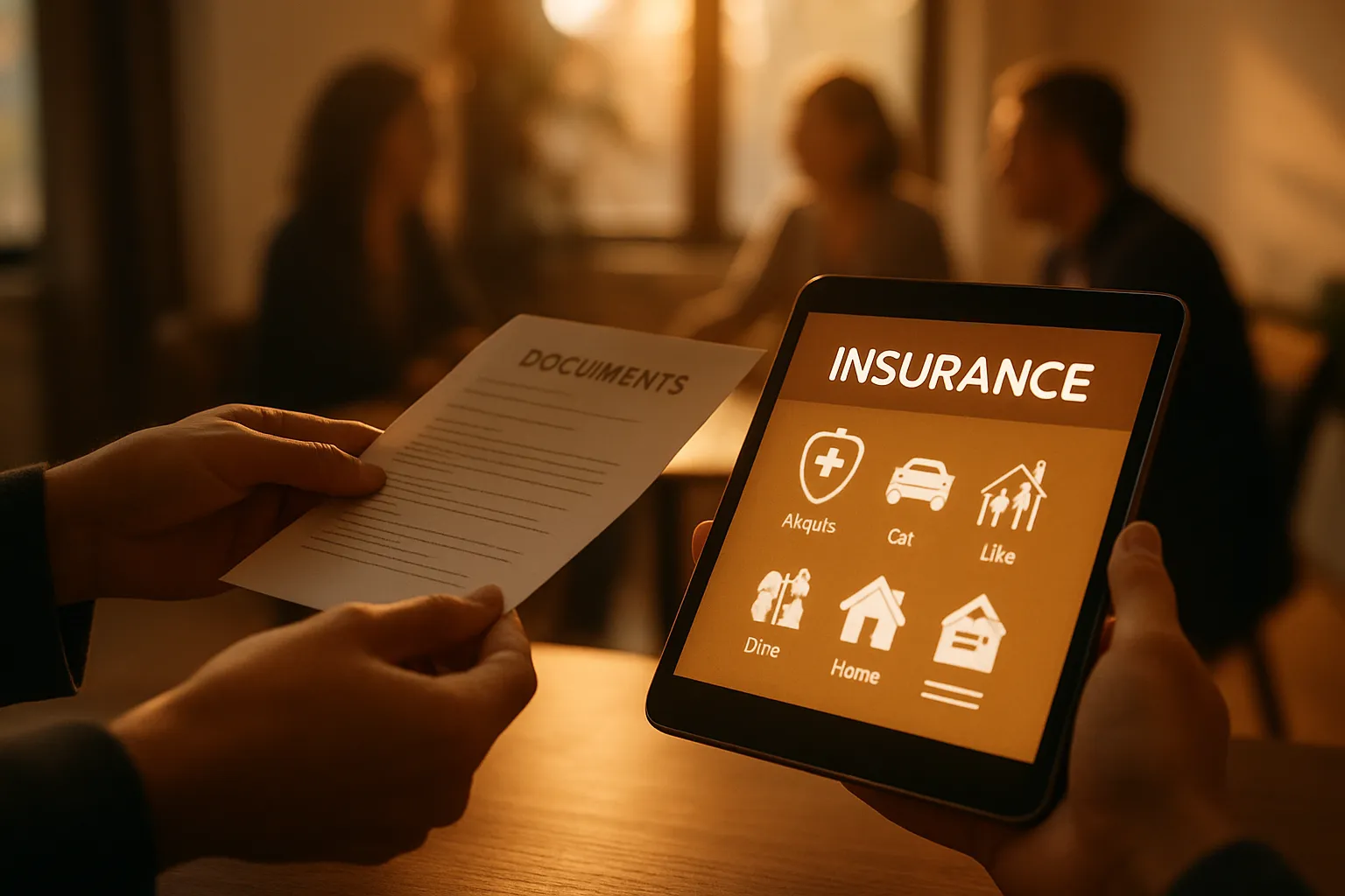Zwei Personen am Tisch, eine zeigt eine Versicherung auf einem Tablet, die andere hält ein Dokument. Im Hintergrund sitzen drei Menschen bei Sonnenlicht.