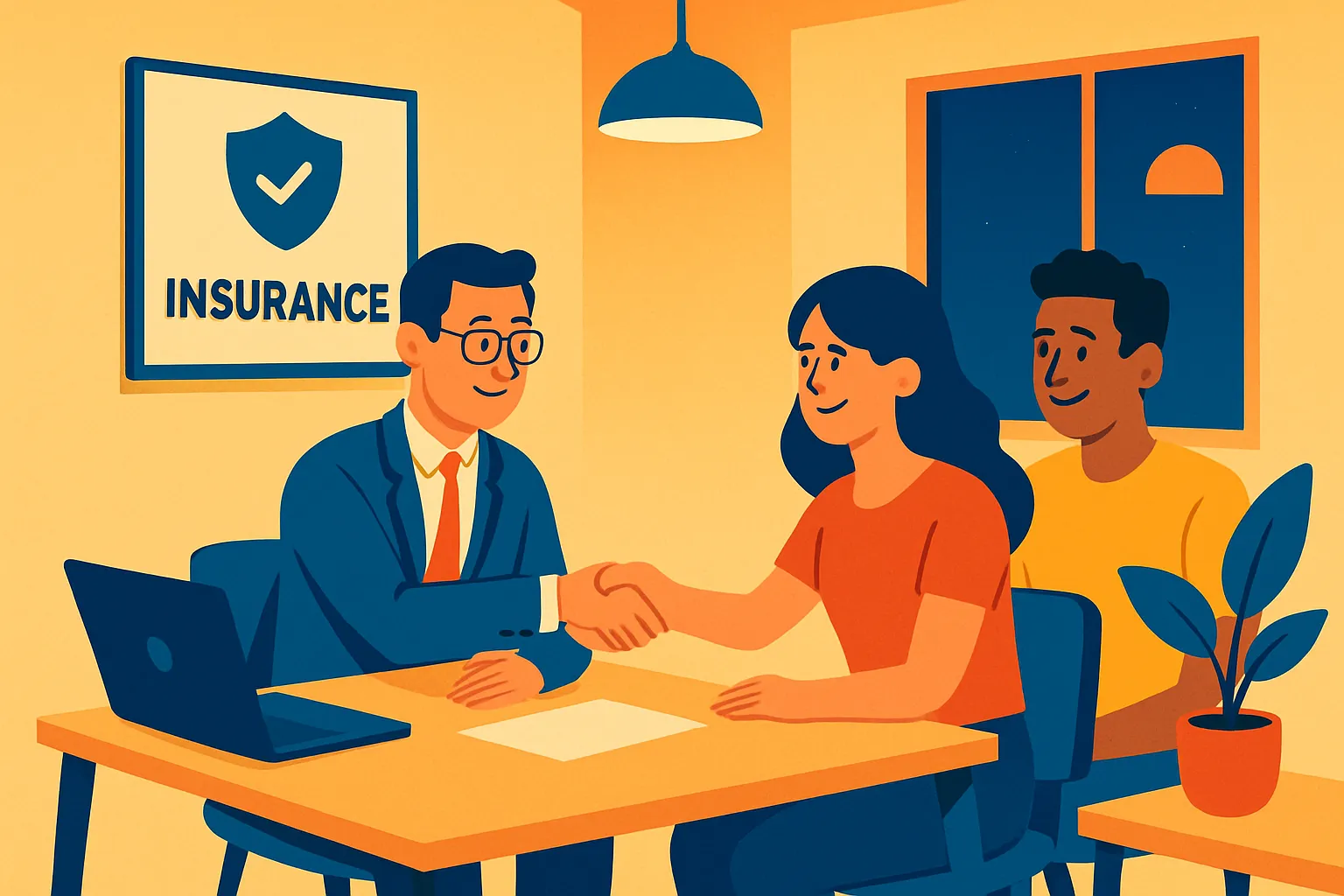 Ein Mann und eine Frau schütteln sich in einem Büro die Hände, im Hintergrund steht ein Schild mit "Insurance".