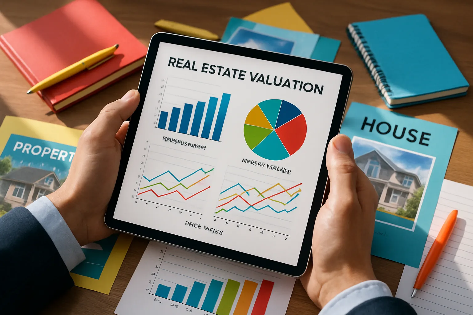 Eine Person hält ein Tablet mit einer Immobilien-Wertschätzung. Auf dem Tisch liegen Bücher und Unterlagen zu Immobilien.