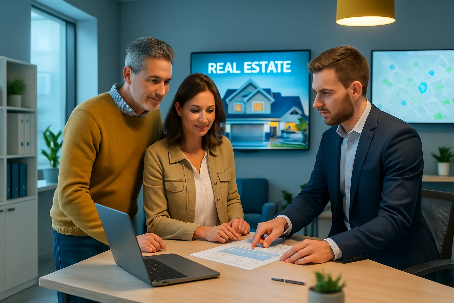 Drei Personen im Büro besprechen Immobilien, vor einem Laptop, mit "Real Estate"-Bild im Hintergrund. Männer und Frau schauen auf Papiere.
