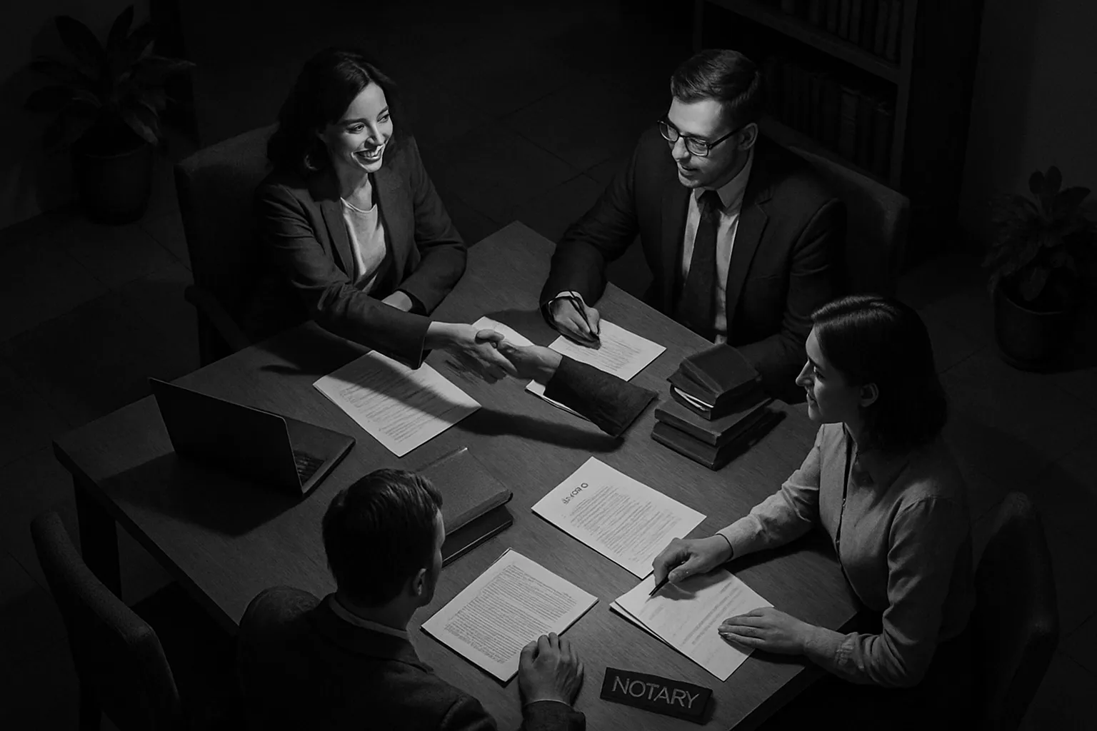 Vier Menschen sitzen an einem Tisch, schütteln sich die Hand, es gibt Unterlagen, ein Notizbuch und einen Laptop. Es sieht nach einem Geschäftstreffen aus.