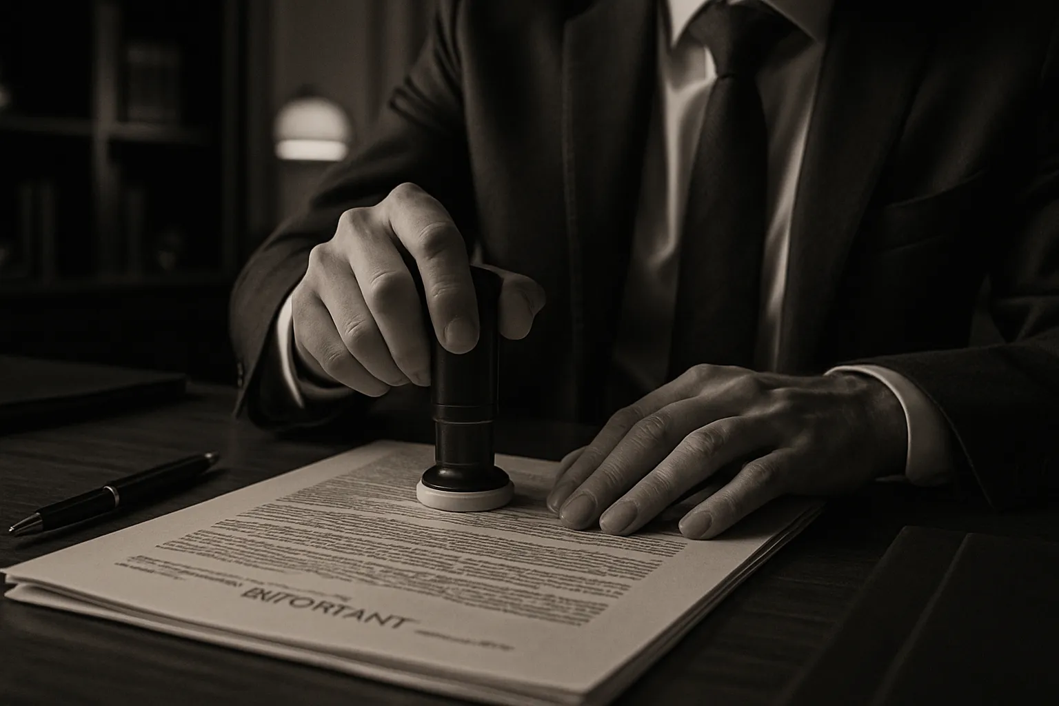 Ein Mann in einem Anzug stempelt ein Dokument mit einem "IMPORTANT" Stempel auf einem Schreibtisch. Schwarz-weiß, professionell.