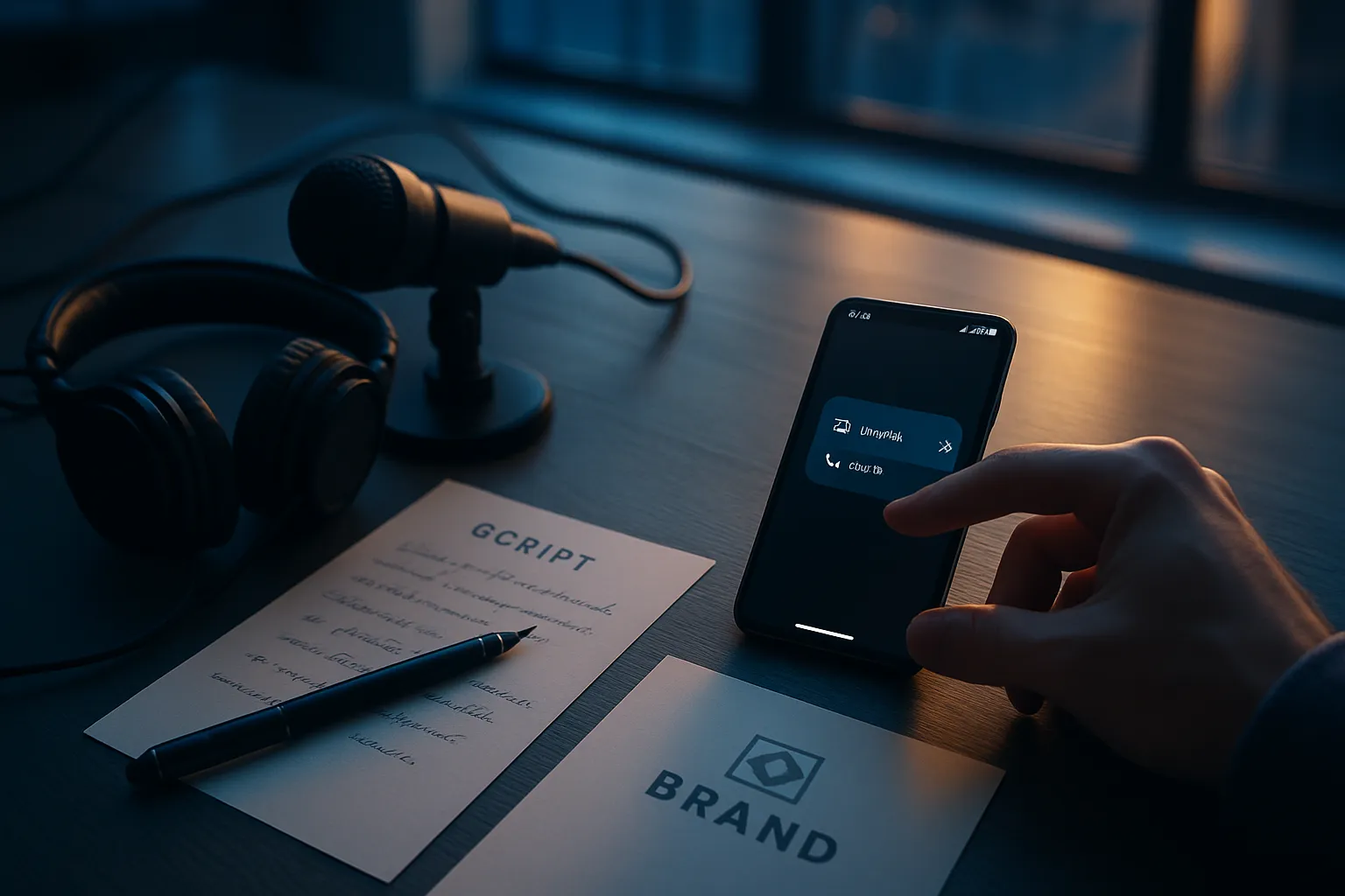 Ein Mensch hält ein Smartphone mit einer Anrufliste, Kopfhörer, Mikrofon, Schreibfeder, Papier und ein Zettel mit "BRAND" auf einem Tisch.