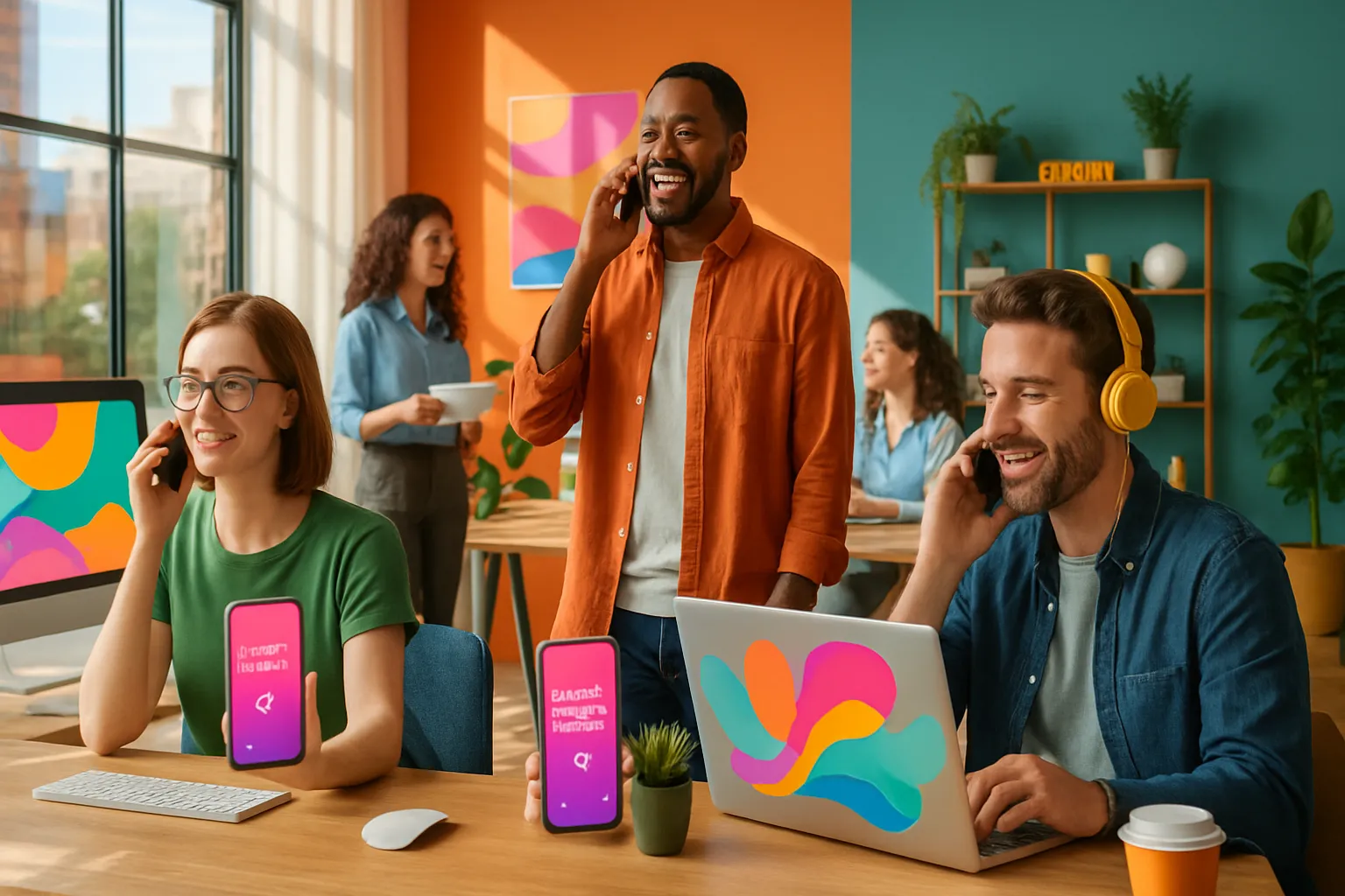 Menschen arbeiten in einem bunten Büro. Zwei sitzen am Tisch, einer hat eine gelbe Kopfhörer. Im Hintergrund sprechen drei Frauen.