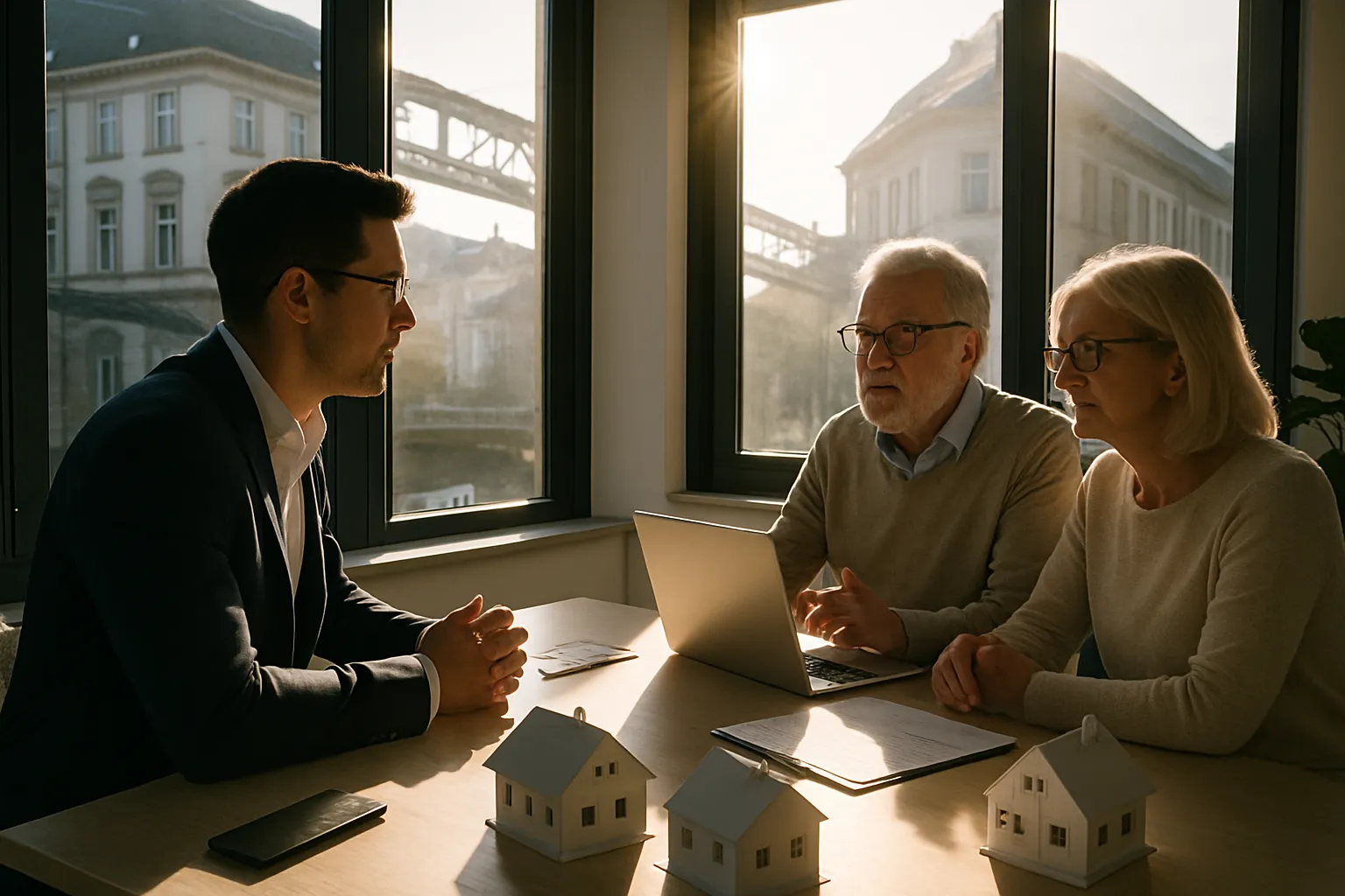 Drei Menschen im Gespräch am Tisch in einem Büro. Im Vordergrund kleine Modellhäuser, im Hintergrund große Fenster mit Blick auf Gebäude.