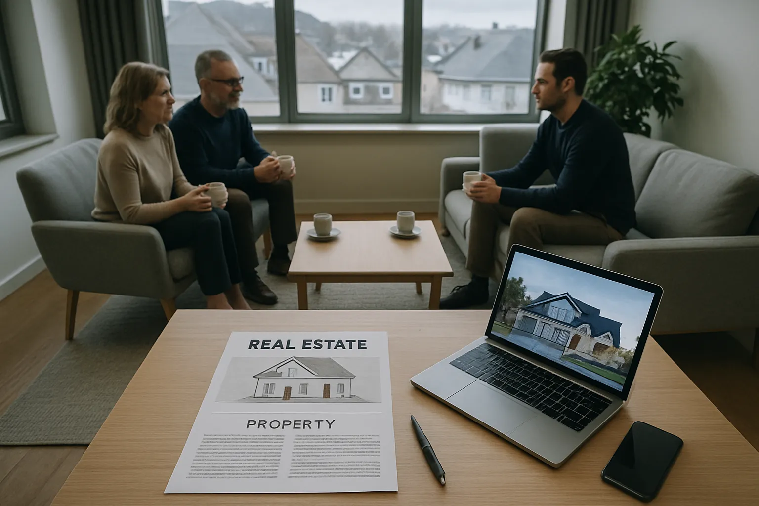 Drei Menschen im Wohnzimmer, sie sprechen über Immobilien. Auf dem Tisch liegt ein Immobilien-Exposé, daneben Laptop und Smartphone.