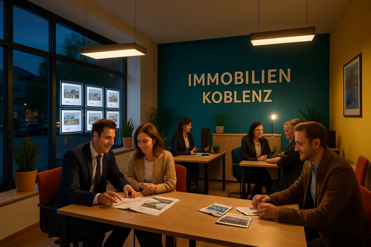 Fünf Geschäftsleute bei Immobilienbesprechung im Büro, hinten ist "IMMOBILIEN KOBLENZ" an der Wand zu lesen. Es ist Abend.