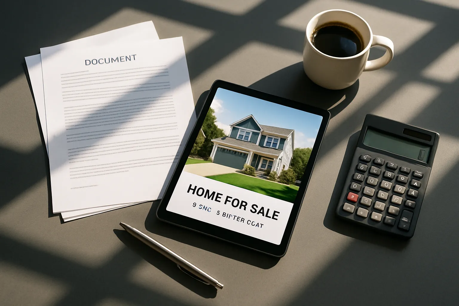 Ein Schreibtisch mit Papieren, Tablet mit "Home for Sale", Taschenrechner, Kaffee und Kugelschreiber, alles in Sonnenlicht auf einem Tisch.