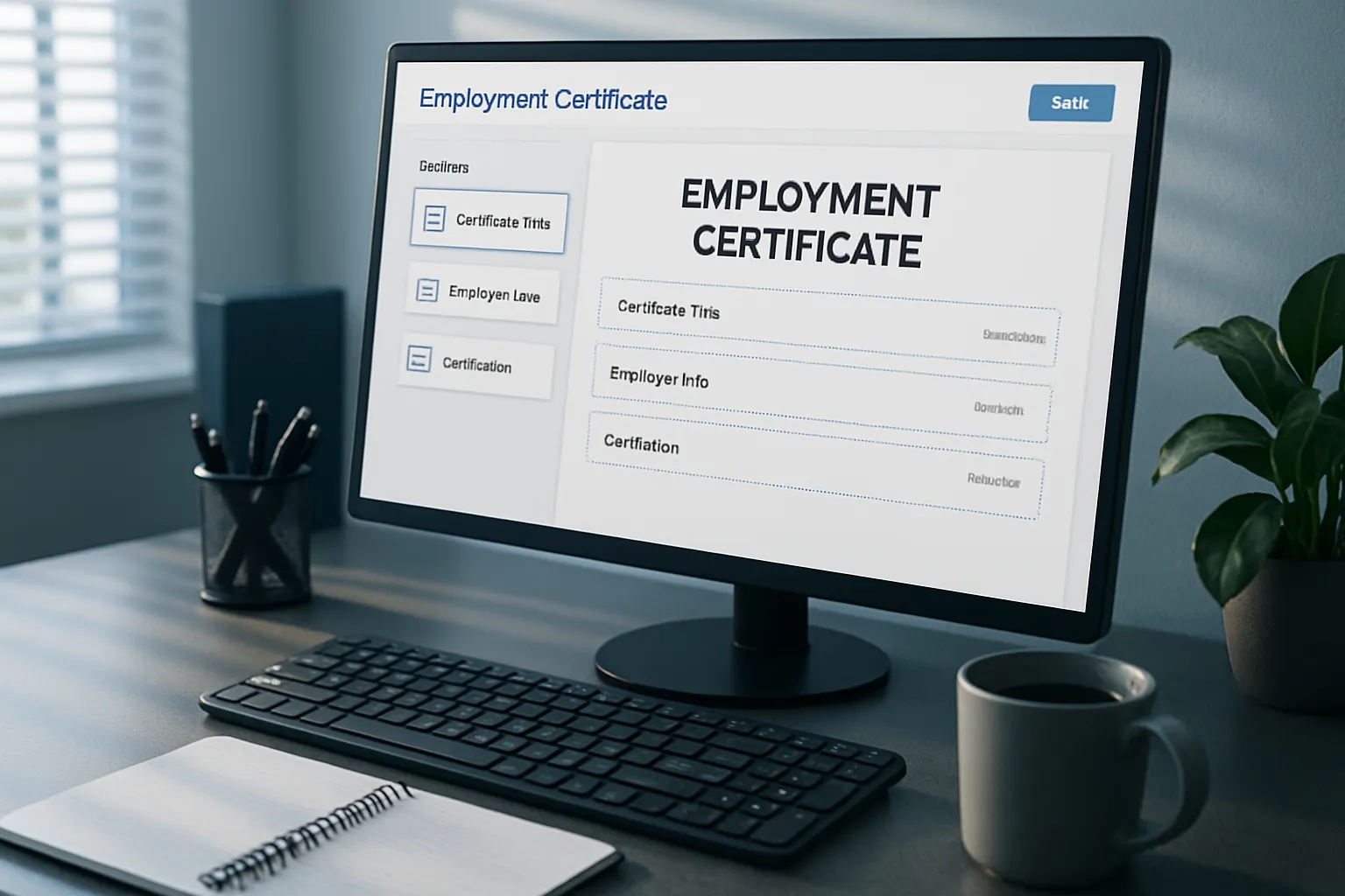 Ein Computerbildschirm zeigt ein digitales Arbeitszeugnis. Es liegt auf einem Tisch neben Notizbuch, Kaffee, Schreibtischsachen und einer Pflanze.