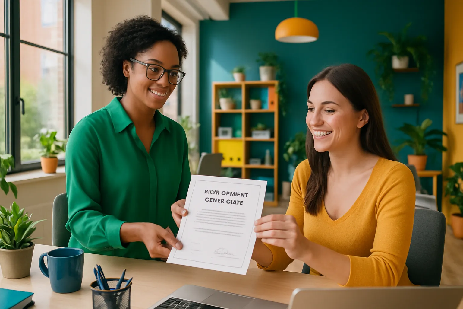 Zwei Frauen im Büro, eine übergibt der anderen ein Dokument. Beide lachen. Es gibt Pflanzen, Regale und einen Laptop im Hintergrund.