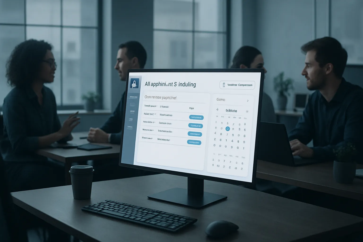 Vier Menschen besprechen in einem modernen Büro. Im Vordergrund ein Computerbildschirm mit einer Software.