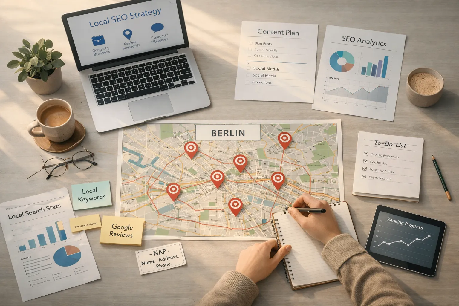 Ein Schreibtisch mit Karten, Notizen, Laptop, Tablet, Kaffee, Brille und eine Person, die eine Landkarte von Berlin mit Zielmarkierungen zeichnet.
