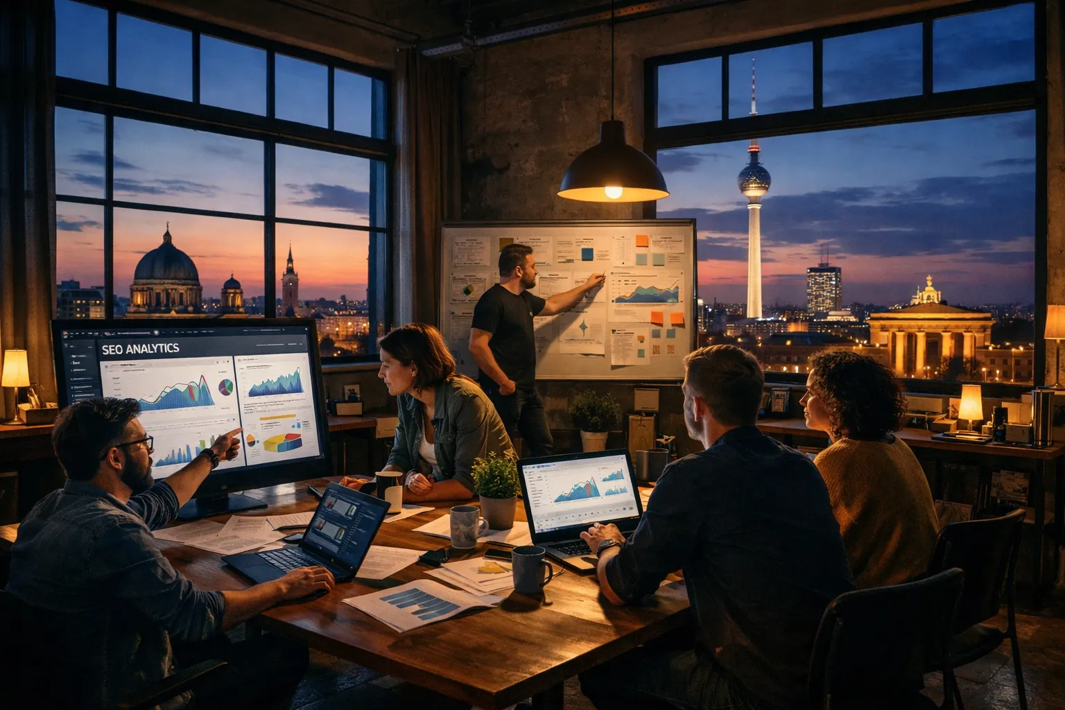 Fünf Menschen bei einer Besprechung im Büro, präsentieren Daten und Grafiken, bei Sonnenuntergang mit Blick auf die Stadt Berlin.