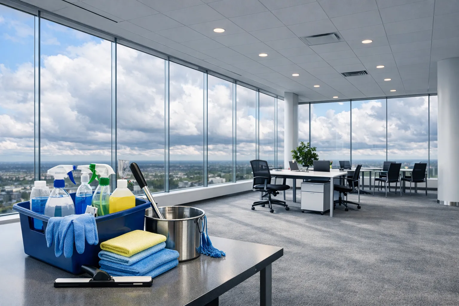Sauberes Büro mit großen Fenstern, Schreibtischen, Chefsessel, Putzmittel, Tüchern und Handschuhen für die Reinigung.