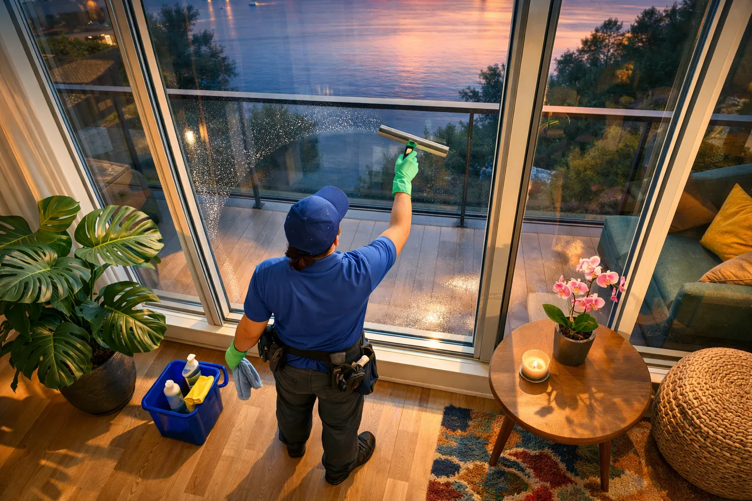 Mitarbeiter putzt eine große Fensterfront in einer Wohnung. Es ist Abend, im Hintergrund ist Wasser und eine schöne Sonnenuntergangs-Szene zu sehen.