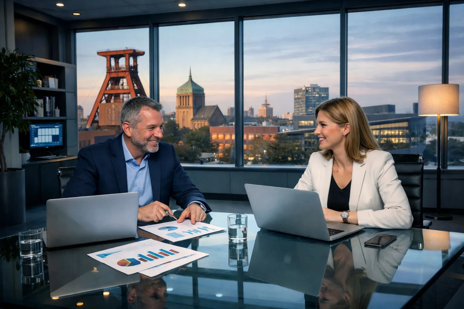 Zwei Geschäftsleute sitzen an einem Tisch in einem Büro mit Blick auf die Stadt. Sie lachen und sprechen. Auf dem Tisch liegen Dokumente und Laptops.
