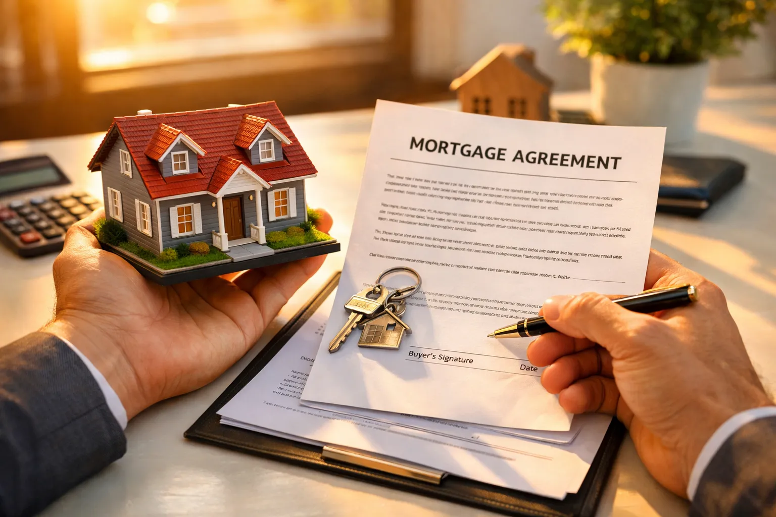 Hände mit Anzug, halten Hausmodell, unterschreiben Maklervertrag, Schlüssel, auf Schreibtisch mit Taschenrechner, Pflanzen, Sonnenlicht.