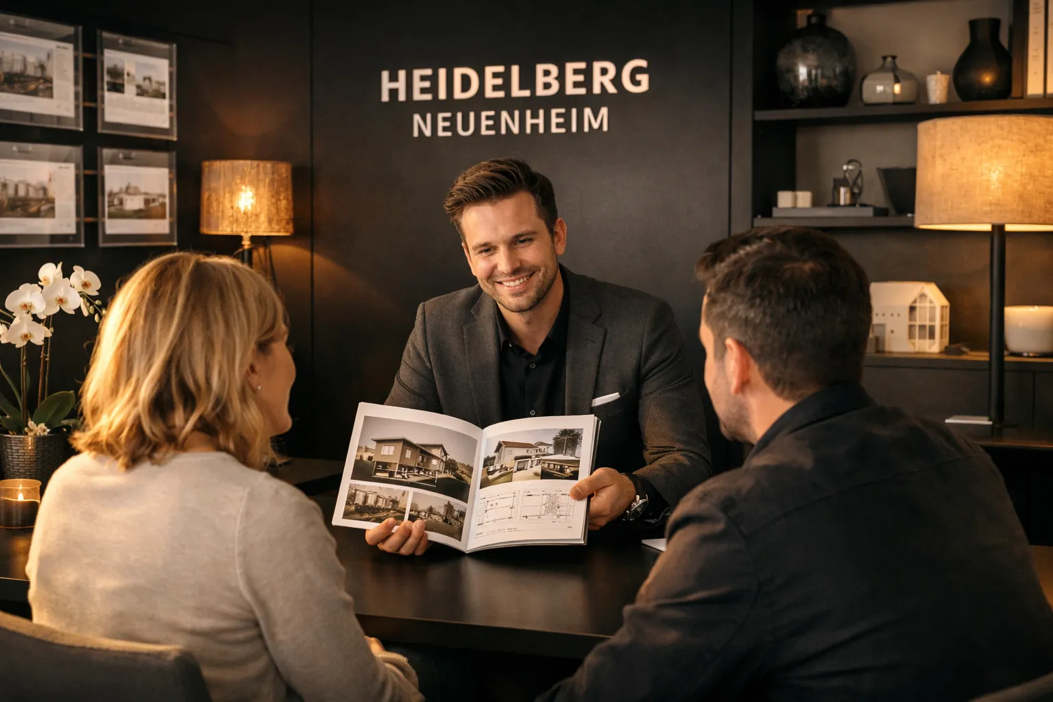 Ein Mann zeigt einem Paar im Beratungsgespräch Immobilienpläne. Im Hintergrund steht ein Schild mit "Heidelberg Neuenheim".