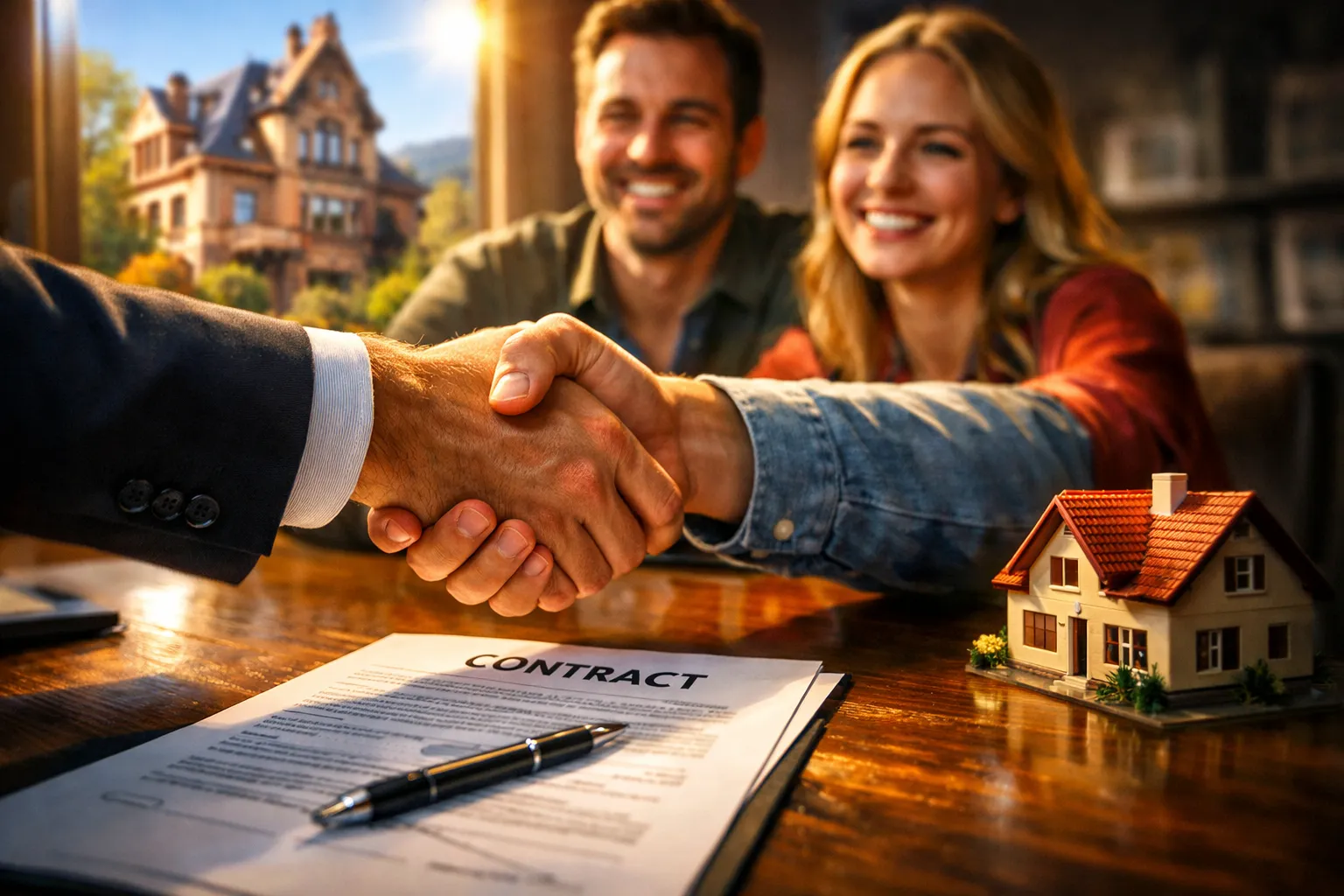 Ein Mann und eine Frau schütteln sich die Hand bei Vertragsabschluss, neben einem Modellhaus auf einem Tisch, im Hintergrund ein altes Haus.