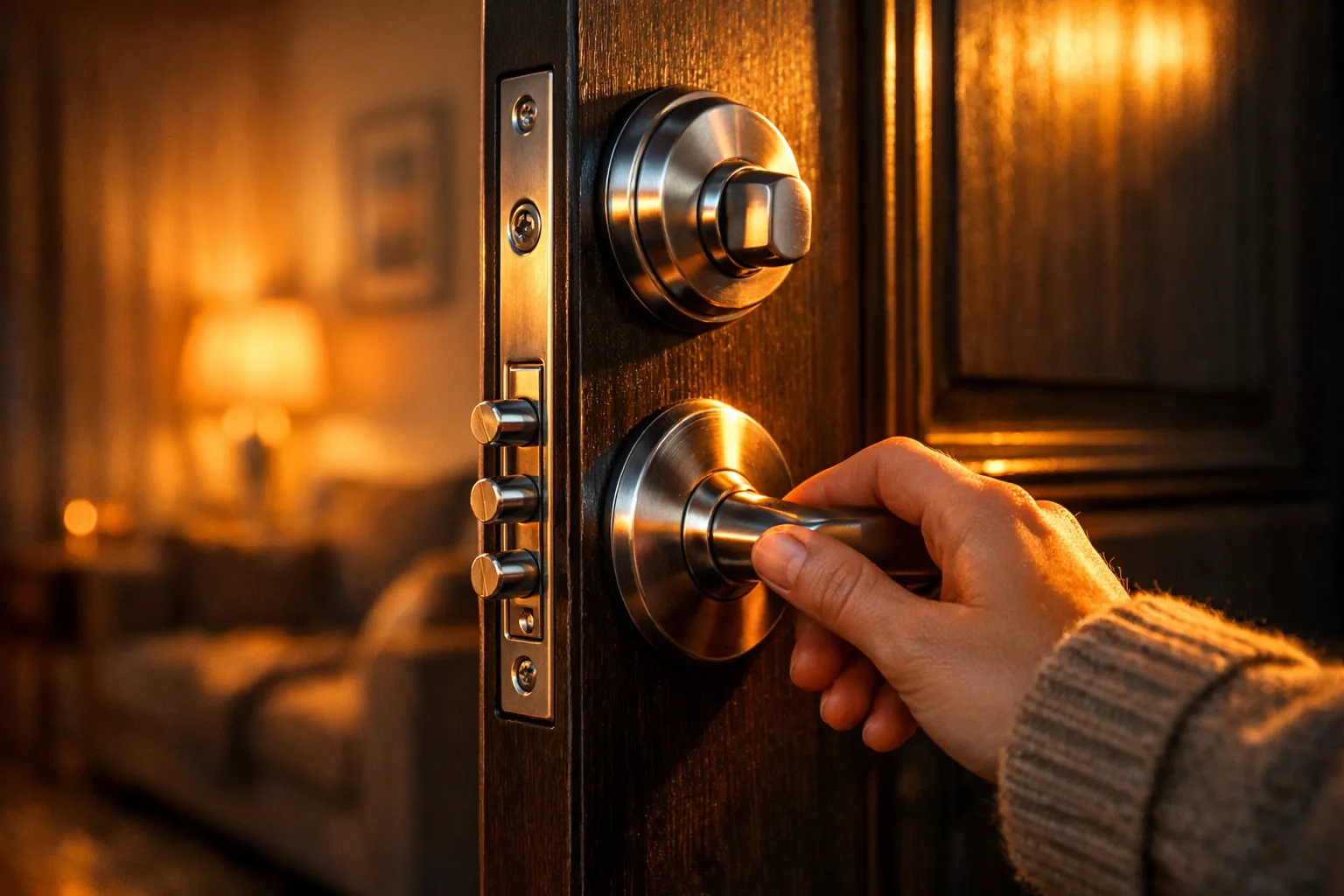 Hand dreht an einem dunklen Türknauf aus Metall bei warmem Licht im Wohnzimmer.