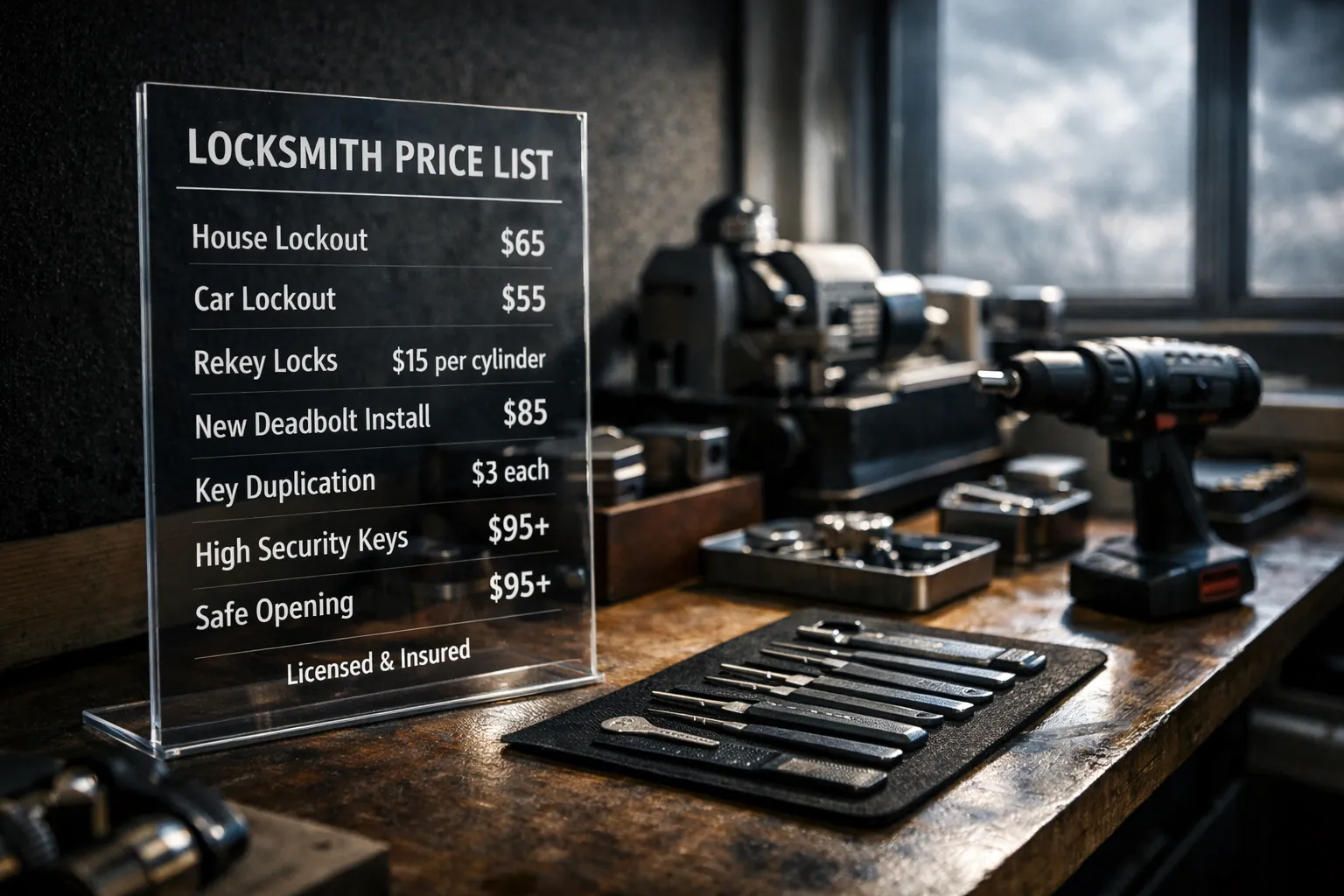 Ein Preiszettel für einen Schlüsseldienst auf einem Holzschreibtisch mit Werkzeugen, Locken, einem Akku-Bohrer und einem Fenster im Hintergrund.