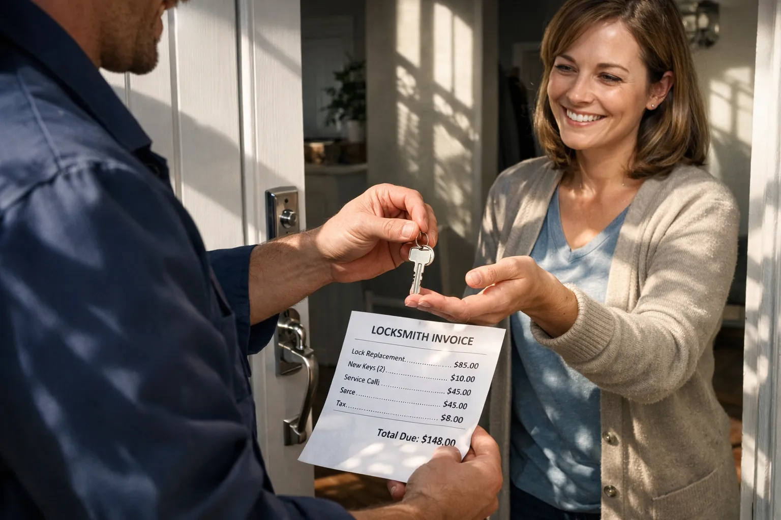 Frau erhält Schlüssel vom Handwerker an der Haustür. Der Handwerker hält eine Rechnung für eine Schlüsseldienstleistung.