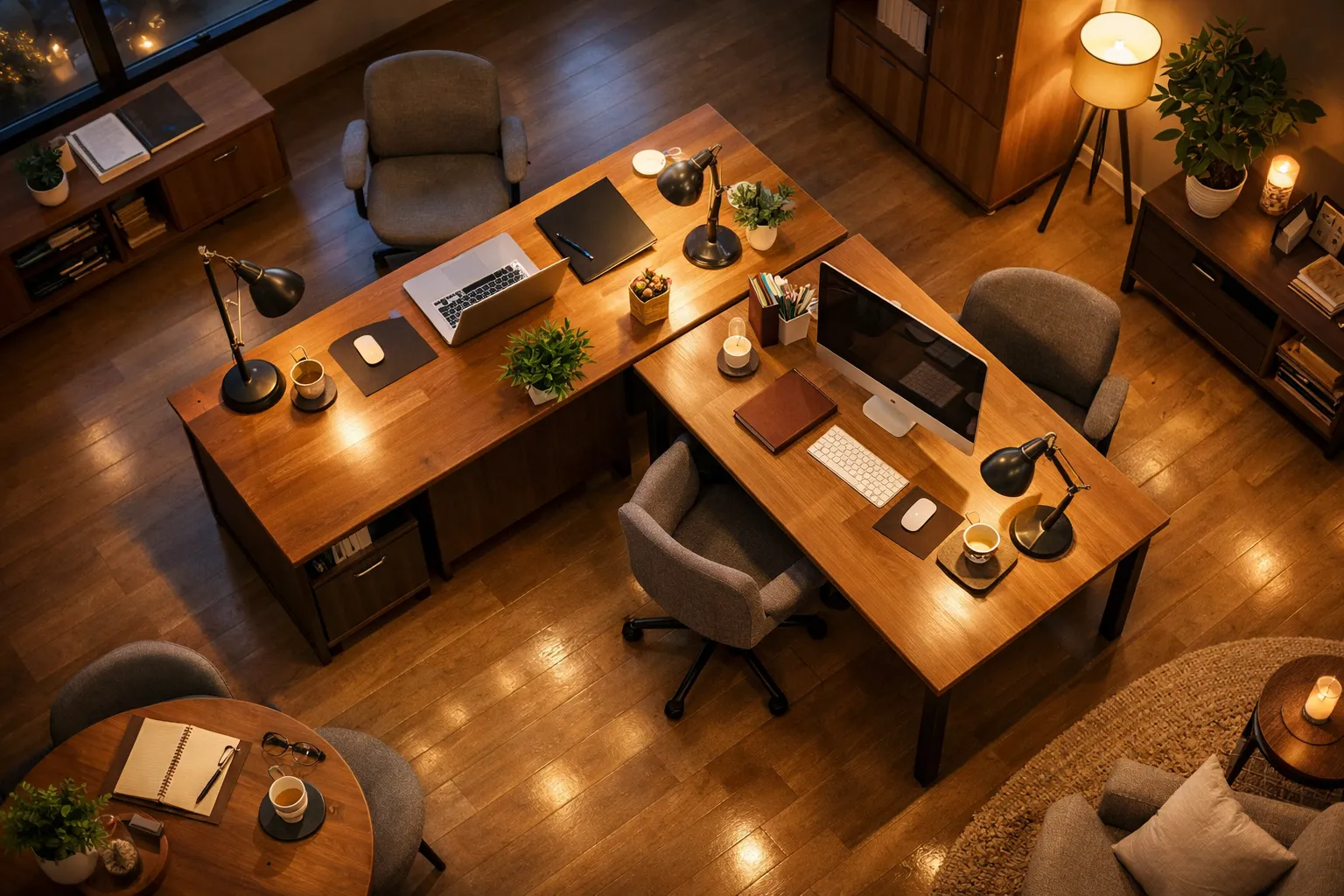 Ein hell erleuchtetes Büro mit zwei Schreibtischen, zwei Computern, Stühlen, Lampen, Pflanzen, Büchern und Tassen auf Holzfußboden.