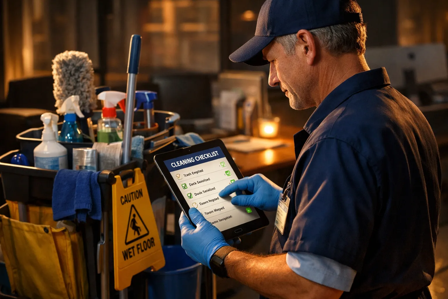 Ein Putzmann mit blauen Handschuhen liest auf einem Tablet eine Putzliste in einer dunklen, warm beleuchteten Umgebung.