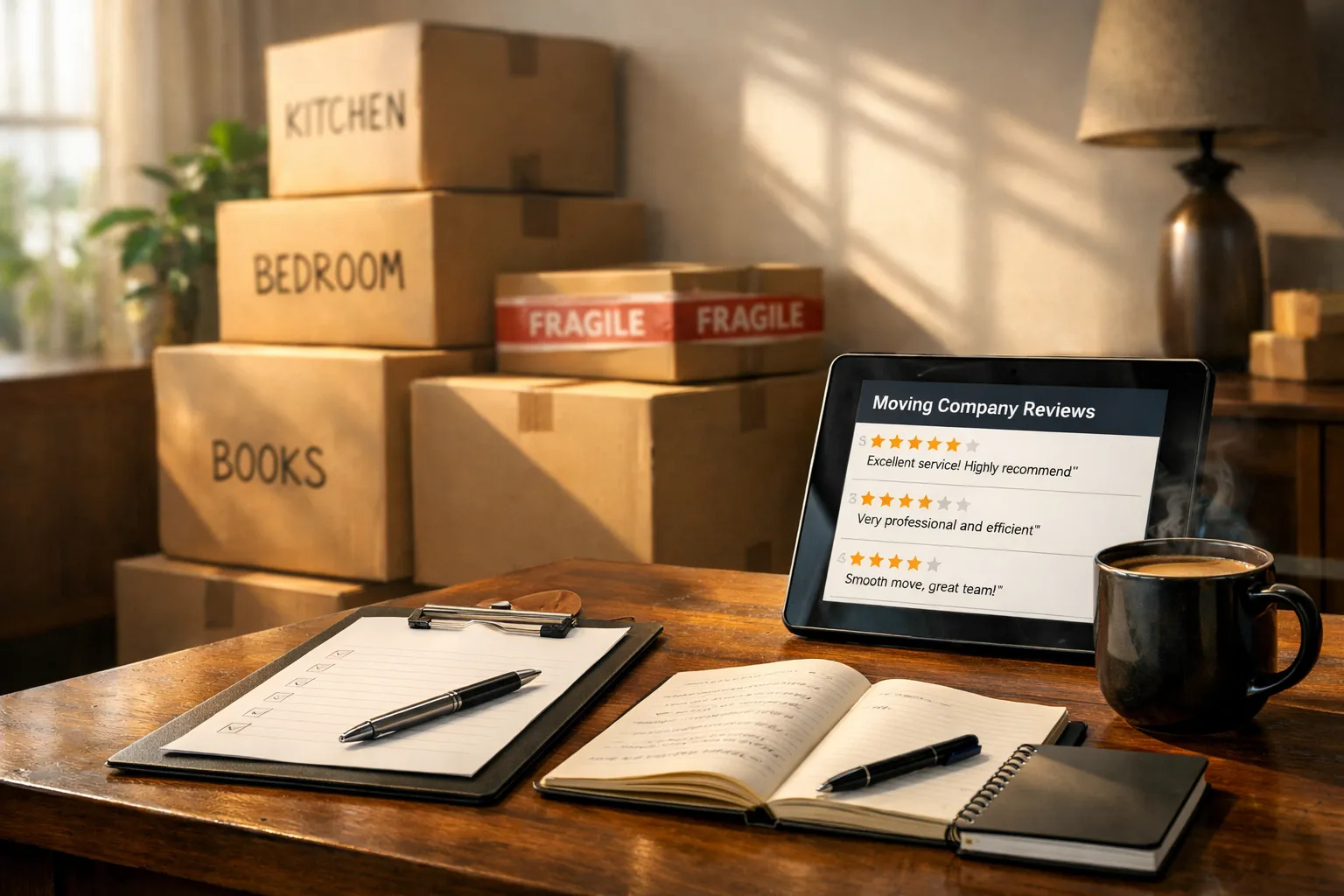 Arbeitsplatz mit Tablet, Notizbuch, Stift, Kaffee auf einem Holz Tisch. Im Hintergrund Kartons mit Aufschriften wie "KITCHEN", "BEDROOM", "BOOKS".