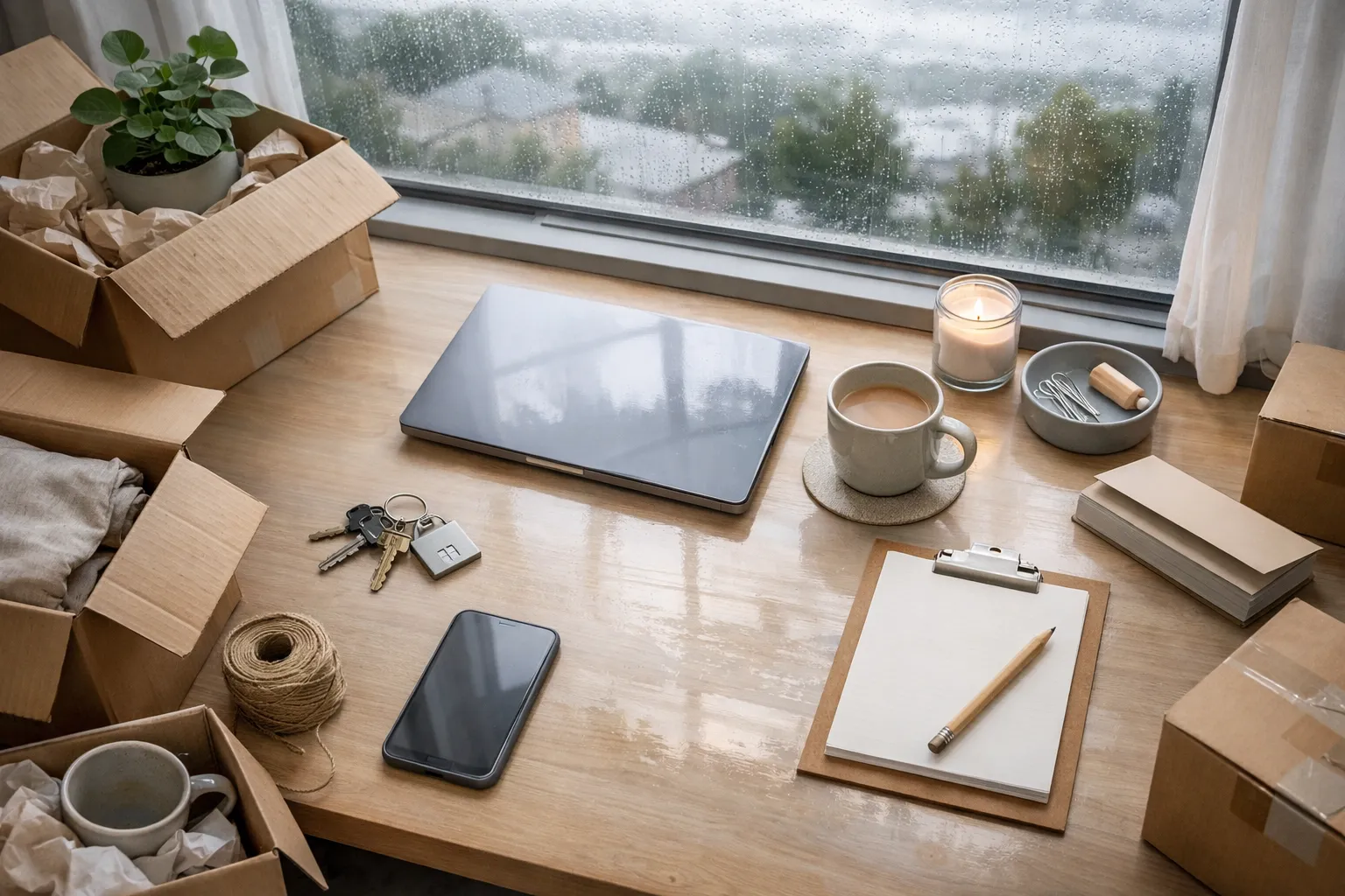 Ein aufgeräumter Schreibtisch mit Laptop, Notizbuch, Stift, Kerze, Tasse Kaffee, Handy, Schlüssel, Pflanzen, Zetteln und Verpackungskartons.