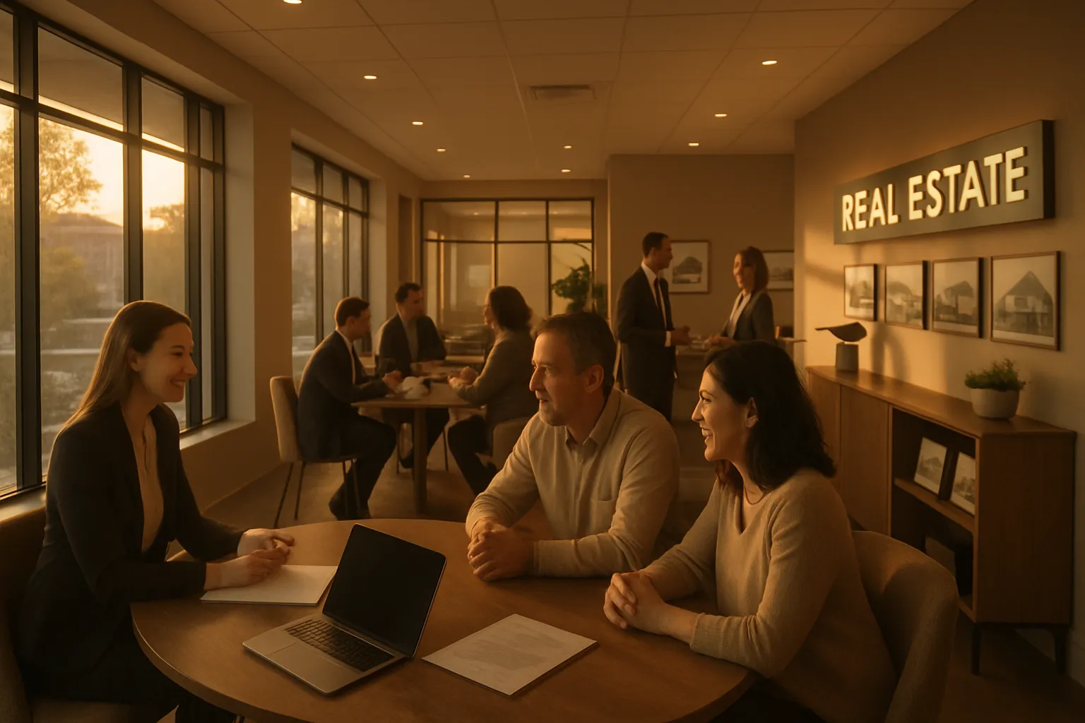 Mehrere Menschen sitzen und sprechen in einem modernen Büro mit großen Fenstern, bei Sonnenuntergang. Es gibt eine "Real Estate" Leuchttafel.