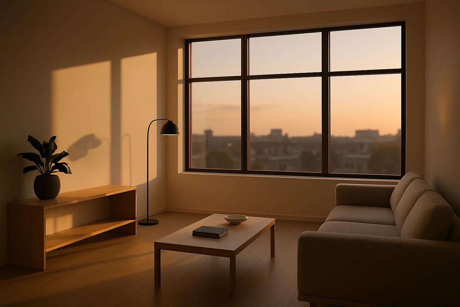 Ein gemütliches Wohnzimmer mit großem Fenster, Sofa, Stehlampe, Couchtisch, Pflanze und Sandfarben-Design bei Sonnenuntergang.