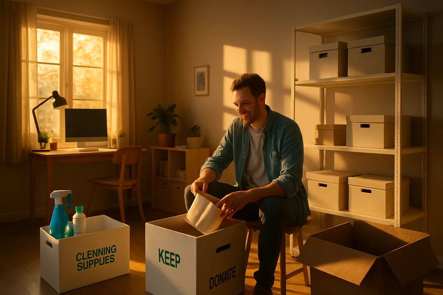 Ein junger Mann packt Kartons in einem Zimmer, das mit Sonnenlicht erleuchtet ist. Er wirkt glücklich beim Umzug.