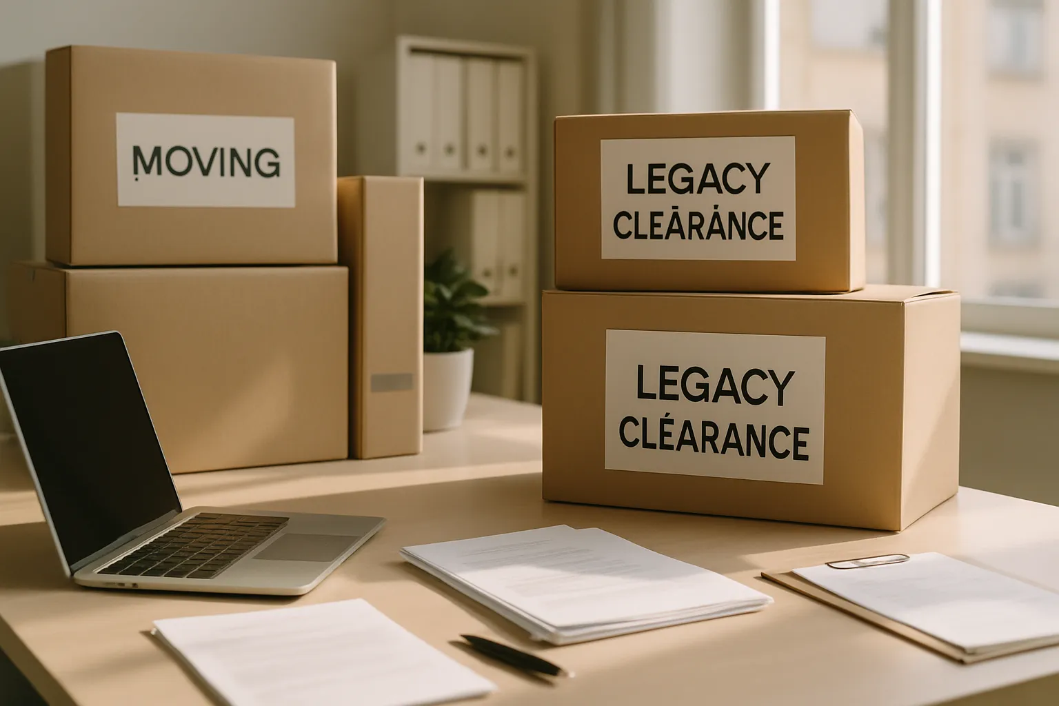 Ein Schreibtisch im Büro mit Kartons, beschriftet mit "Moving" und "Legacy Clearance", Laptop, Papierstapel und Stift. Hintergrund Fensterszene.