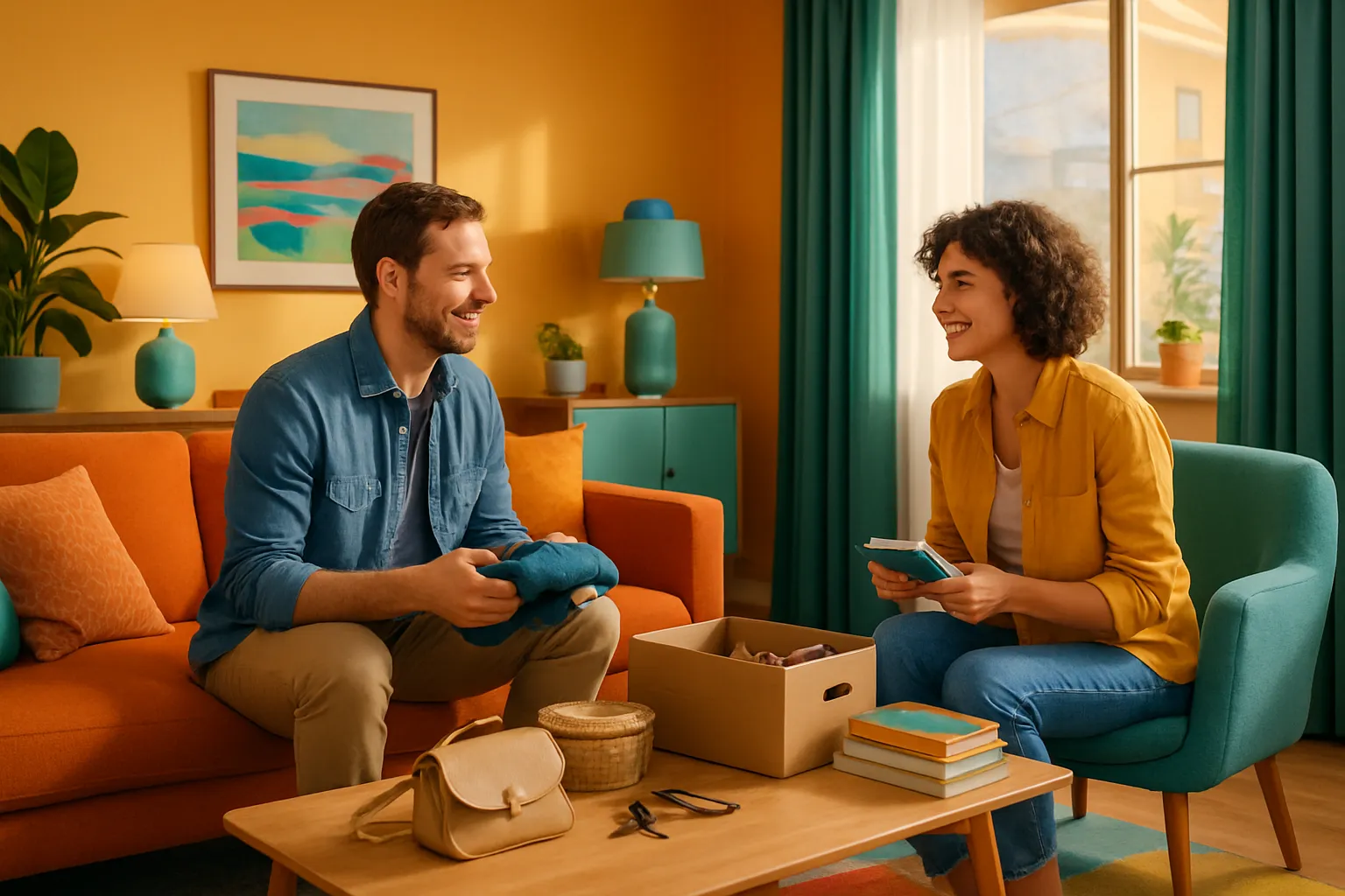 Zwei Menschen lachen sich im Wohnzimmer an. Ein Mann sitzt auf einem orangefarbenen Sofa, eine Frau sitzt in einem grünen Sessel.