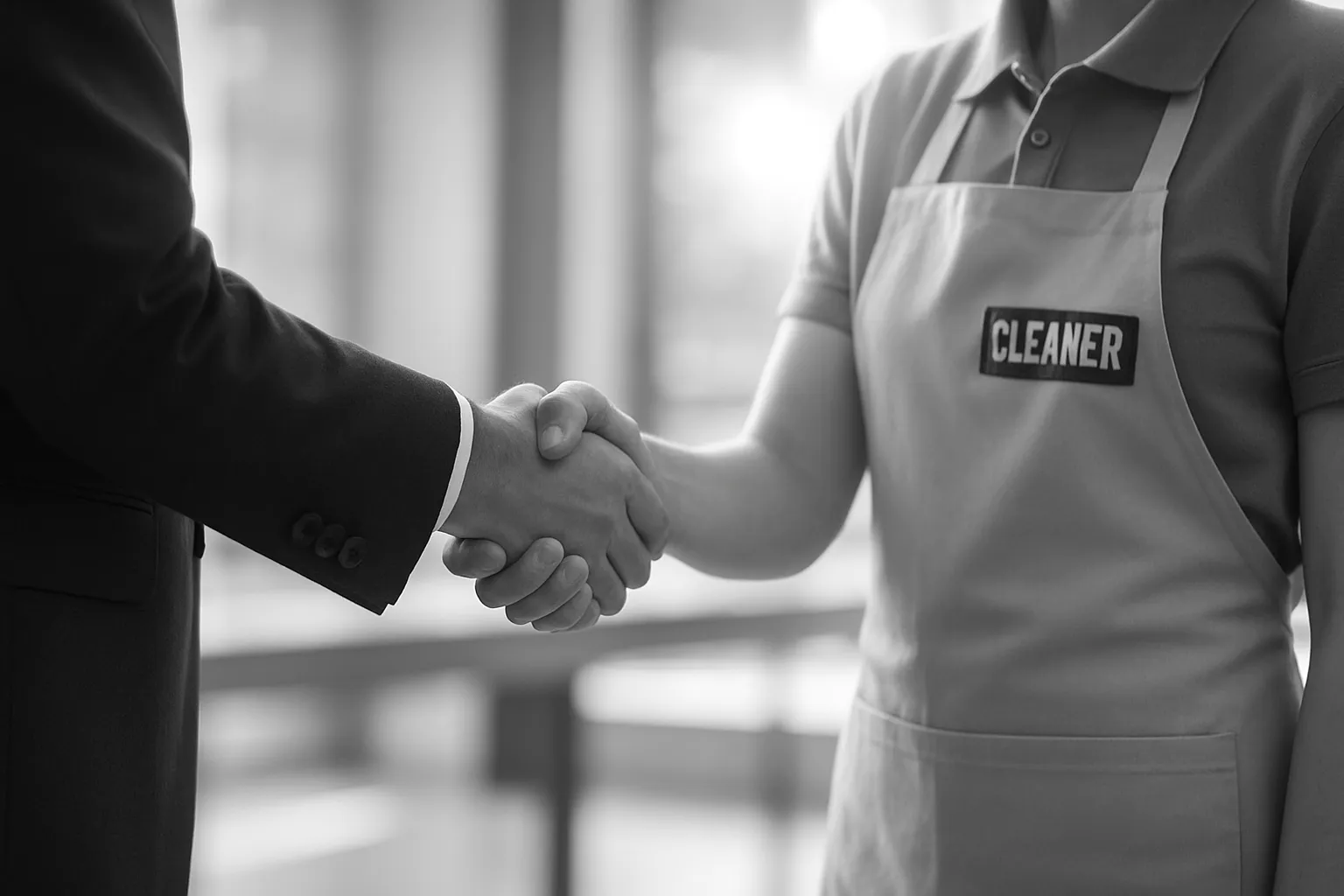 Zwei Menschen schütteln sich die Hand, einer trägt ein Shirt mit "CLEANER"-Aufnäher, im Hintergrund Fenster. Schwarz-weiß-Foto.