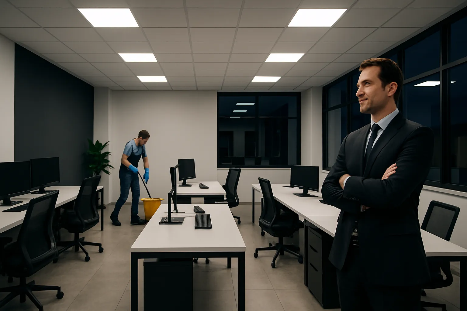 Zwei Männer in einem leeren Büro, einer neutral und lachend, der andere reinigend den Boden bei Nacht.