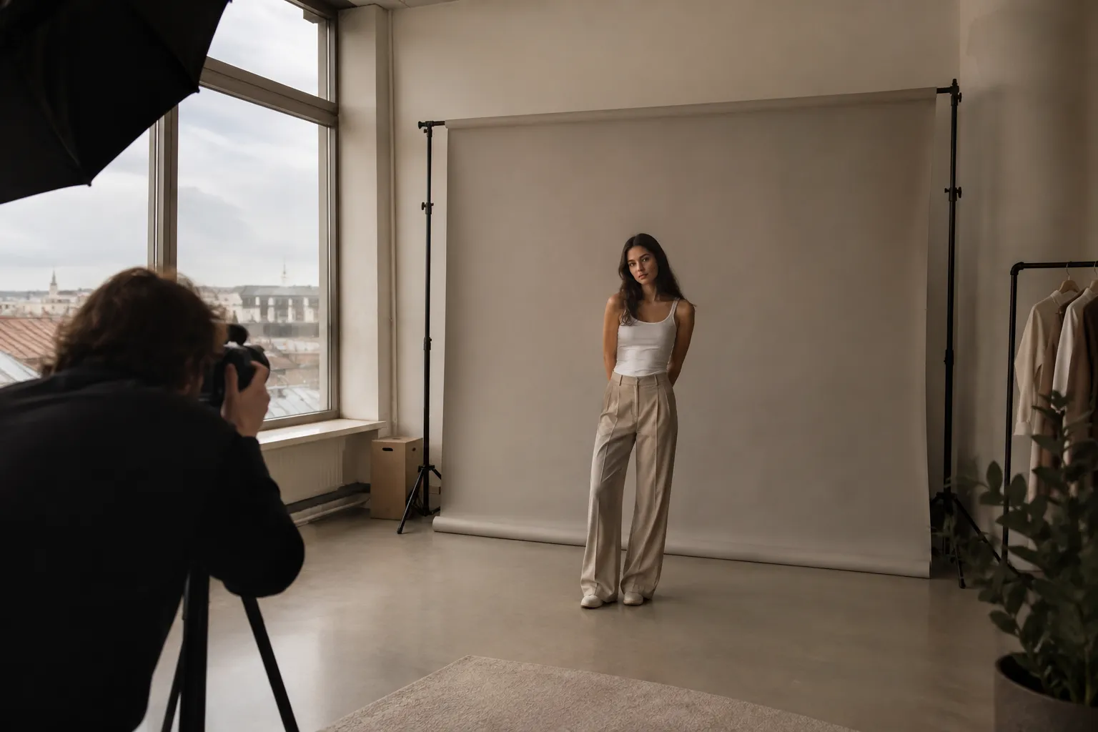 In einem Fotostudio fotografiert ein Fotograf eine Frau vor einem hellen Hintergrund; daneben stehen Kleider auf einer Stange.